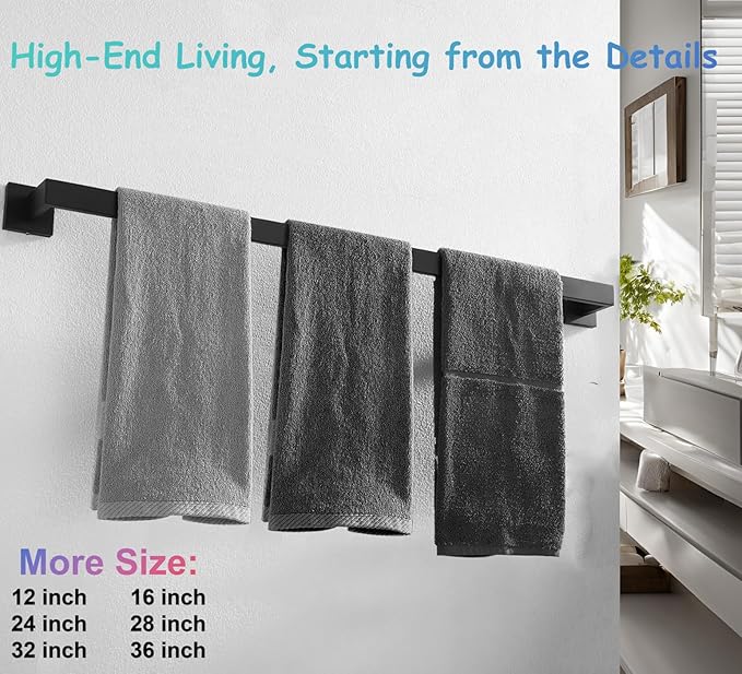 36 Inch Towel Bar for Bathroom 12/16/24/28/32/36 Inch Kitchen Towel Holder Matte Black Towel Rod Wall Mounted SUS304 Rustproof Towel Rack Modern Square Design (1, Matte Black, 36 Inch)