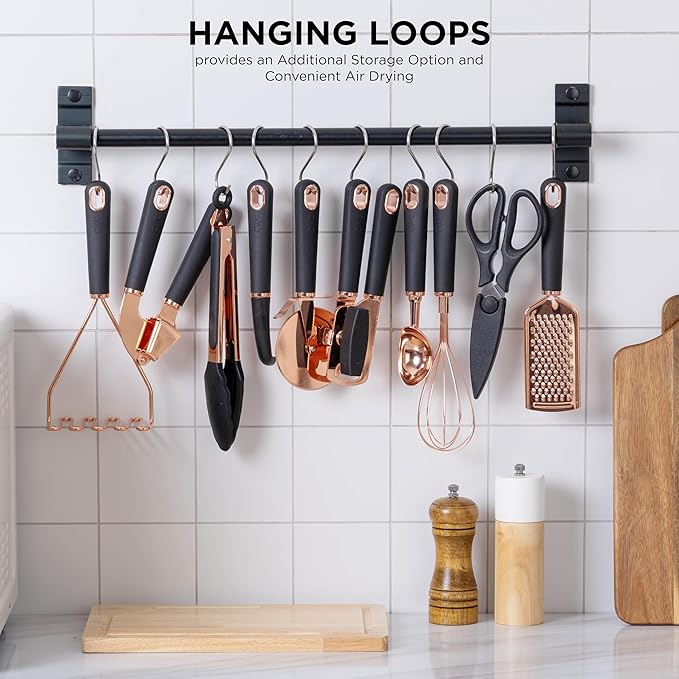 COOK WITH COLOR Kitchen Gadget Set Copper Plated Stainless Steel Utensils with Soft Touch Handles, Copper Black, 10 Pieces-NeatNest