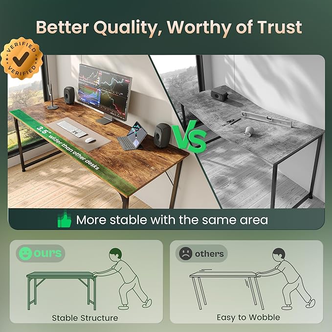 Huuger Computer Desk, 55 Inch Home Office Desk, Gaming Writing Work from Home Study Desk, Large Legroom, Sturdy Metal Frame, Modern Simple, Rustic Brown-NeatNest