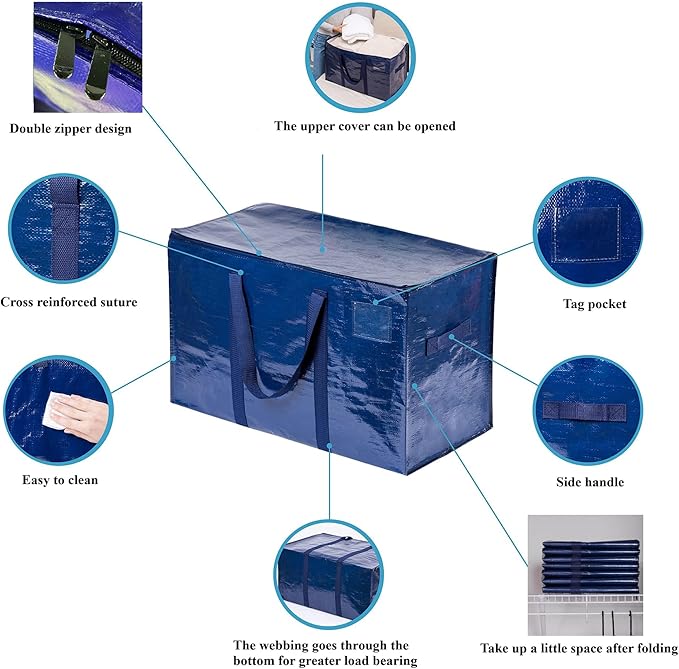 Extra Heavy Duty Large Moving Bags with Strong Zipper & Comfortable Handles, Sturdy & Durable Clothes Storage Bags Totes Bins, Dark Blue Packing Moving Boxes (1-pack)