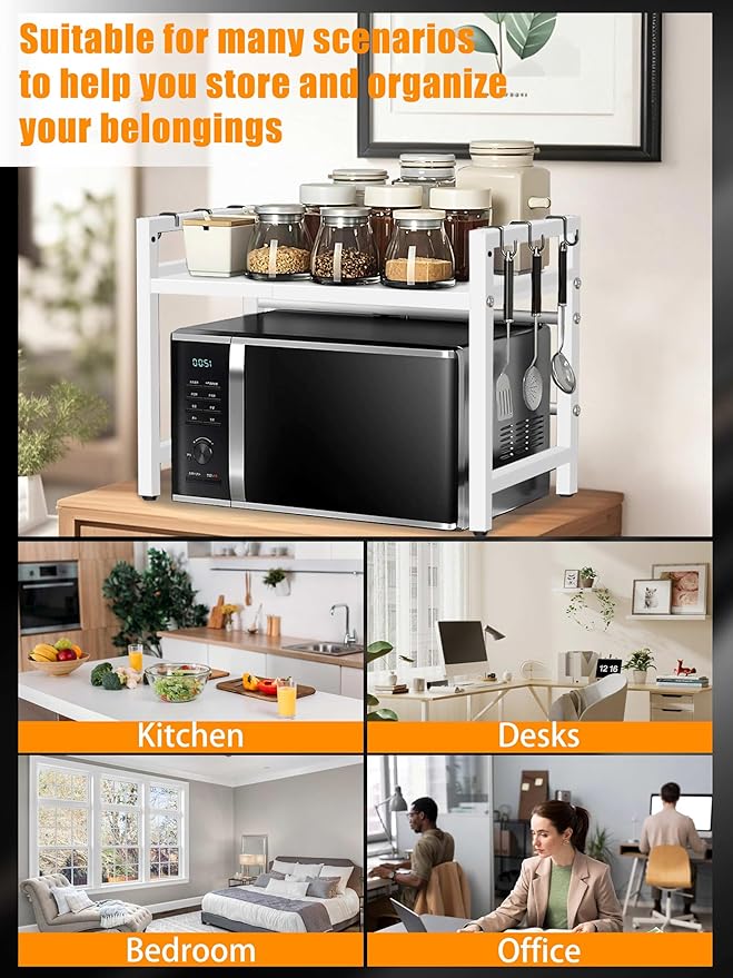 Caliee Expandable Microwave Stand, Adjustable Countertop Storage Rack for Microwave, Tableware, and Pantry Items, Space-Saving Design for Kitchen, Cabinet, and Countertop (White)-NeatNest