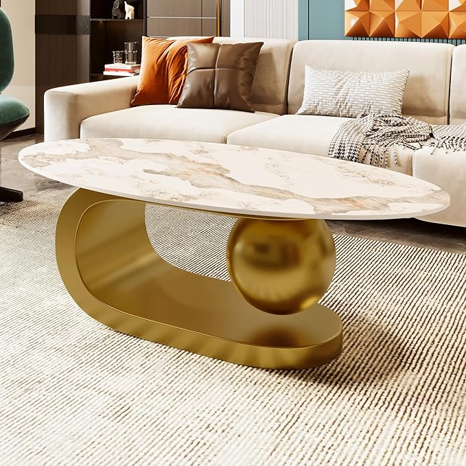 47.2" Modern Oval Coffee Table Marble Pattern Sintered Stone Tabletop Gold Stainless Steel Base End Tables Center Table Sofa Table for Living Room Office Bedroom Balcony, White & Gold