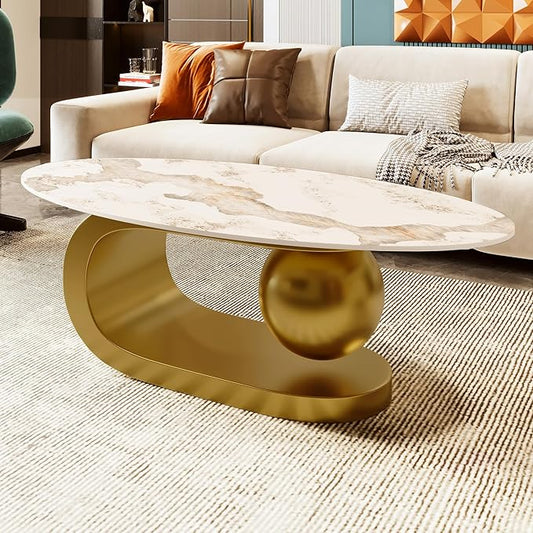 47.2" Modern Oval Coffee Table Marble Pattern Sintered Stone Tabletop Gold Stainless Steel Base End Tables Center Table Sofa Table for Living Room Office Bedroom Balcony, White & Gold