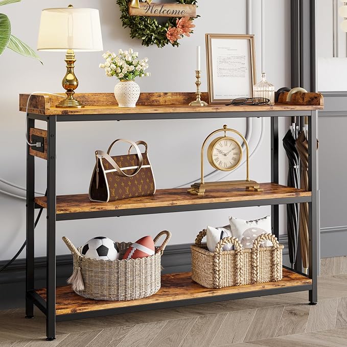 IRONCK Console Table, Sofa Table with Power Outlet, Farmhouse Hallway Table for Entryway, Living Room, Height Adjustable, Easy Assembly, Rustic Brown, 43"-NeatNest