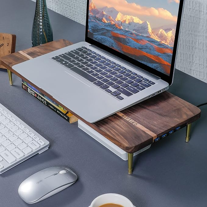 Monitor Stand Wood Riser with 4 USB Ports, Computer Monitor Stand with America Walnut Data Transfer Charging Hub -Compatible with Computer, Mac, PCs, Smartphone, 20.5*8.3in