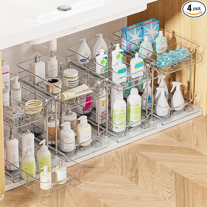 Vtopmart 4 Pack 2 Tier Bathroom Under Sink Organizers and Storage, Clear Kitchen Pantry Organization, Pull Out Medicine Cabinet Organizer with Movable Dividers-NeatNest