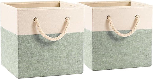 PRANDOM Large Foldable Cube Storage Bins 13x13 inch [2-Pack] Fabric Linen Storage Baskets Cubes Drawer with Cotton Handles Organizer for Shelves Nursery Closet Bedroom Beige/Green-NeatNest