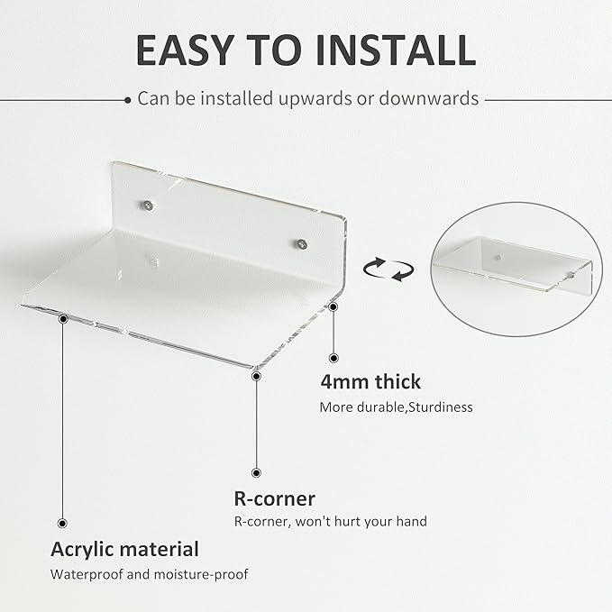 9 Inch Clear Wall Shelves, Acrylic Small Floating Shelf, Home Wall Display Shelf for Storage, Room Décor, Space Saving, Items Organizer, Bathroom Organizer, 4 Pack-NeatNest