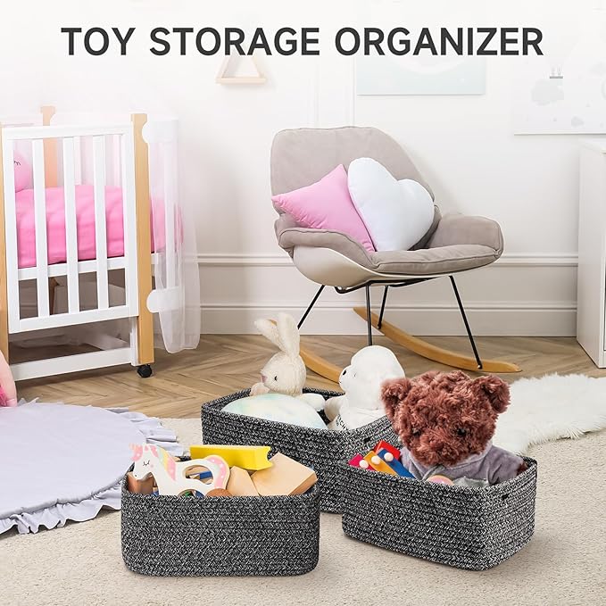 3-Pack Shelf Baskets for Organizing, Closet Organizer Bins, Small Woven Baskets, Rope Toy Basket, Storage Basket for Shelves, Cube Decorative Box, 11.5×7.5×4.7”, Mixed Black-NeatNest