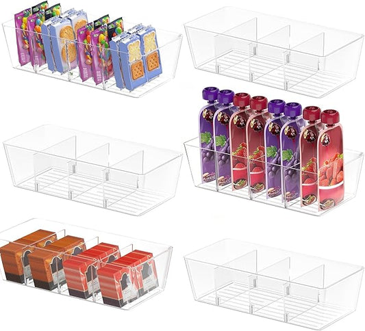BALEINE Pantry Organizers and Storage Bins, Plastic Clear Storage Bins with 3 Removable Dividers, BPA-Free Fridge Organizers for Kitchen Cabinet Bathroom (10.5x6.1x3.5, 6PK)-NeatNest