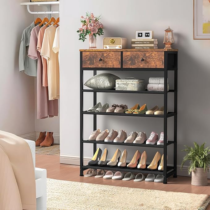 usikey Shoe Rack, 5 Tier Shoe Storage Organizer with 2 Drawers, Metal Shoe Shelf for 12-16 Pairs of Shoes, with 4 Fabric Shelves and Wooden Top, Shoe Stand for Closet Entryway, Rustic Brown-NeatNest