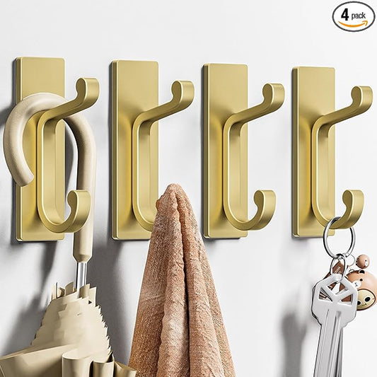 4 Pack Self Adhesive Wall Hooks for Coats - Stainless Heavy Duty Double Hook for Clothes, Towel, Keys, Purse, Backpack, Bag, Hat, Gold Coat Hook for Door, Bathroom, Bedroom, Holds 10Lbs.