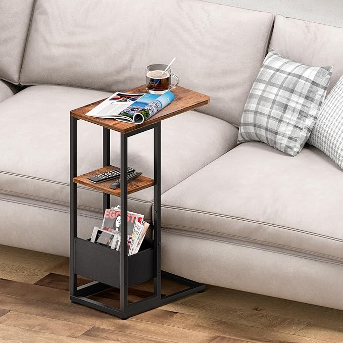 C Shaped End Table, Small Side Table for Couch, Recliner, Slide Under Sofa Tray Desk Snack Tables with Storage Bag for Living Room,Bedroom, Small Spaces - Rustic Brown