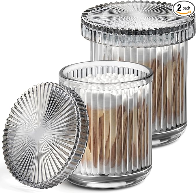 2 Pack Qtip Holder - Apothecary Jars with Lids, Bathroom Organizers and Storage Canister for Cotton Balls,Swabs,Floss Picks,Hair Ties,Clear Glass Vintage Bathroom Decor Jar Set (Gray)-NeatNest