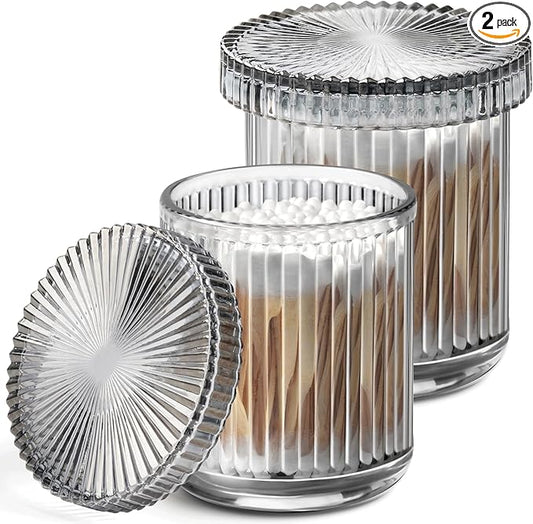 2 Pack Qtip Holder - Apothecary Jars with Lids, Bathroom Organizers and Storage Canister for Cotton Balls,Swabs,Floss Picks,Hair Ties,Clear Glass Vintage Bathroom Decor Jar Set (Gray)-NeatNest