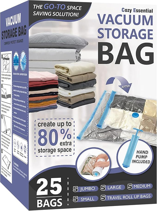 25 Pack Vacuum Storage Bags, Space Saver Vacuum Storage Bags, Vacuum Seal Bags for Clothing, Clothes, Comforters and Blankets, Hand Pump Included-NeatNest