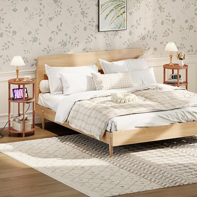 HOOBRO Small Round Side Table with Charging Station, 3-Tier Round Bamboo End Table, Compact Sofa Bedside Table for Small Space, Easy Assembly, for Living Room, Bedroom, Apartment, Walnut WL152UBZ01