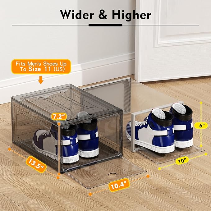 Upgrade Harder Solid Plastic Shoe Organizer, Shoe Storage with Magnetic Front Door, Shoe Rack 6 Pack Shoe Boxes Clear, Sneaker Storage, Shoe Organizer for Closet, Shoe Display Case, Black-NeatNest