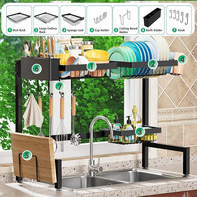 YKLSLH Over The Sink Dish Drying Rack 2 Tiers, for All Sinks (24.8"-35.4"),Expandable Large Capacity Sink Rack, Metal Drying Rack for Kitchen and Family Use