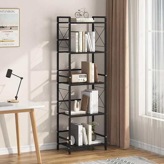 JSB 5 Tier Metal Bookshelf Bathroom Storage Standing Shelf Unit Kitchen Storage Organizer Display Rack Bookcases Shelves for Living Room, Bedroom, Office (Widen Black, 5 Tier)