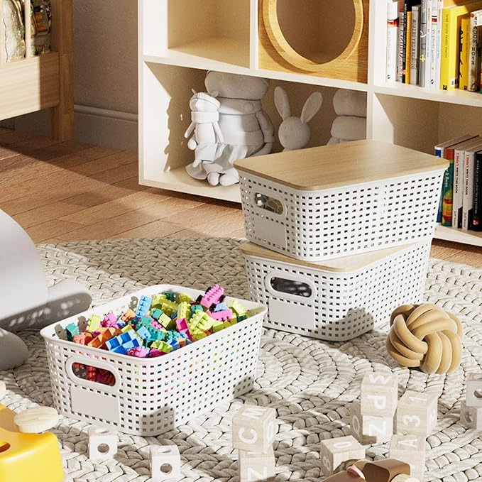 6-Pack Small 5 Qt Stackable Storage Bins with Bamboo Lids - Decorative Cute Plastic Baskets Boxes Containers with Labels for Organizing Shelves, Classroom, Closet, Desktop, Office-White-NeatNest