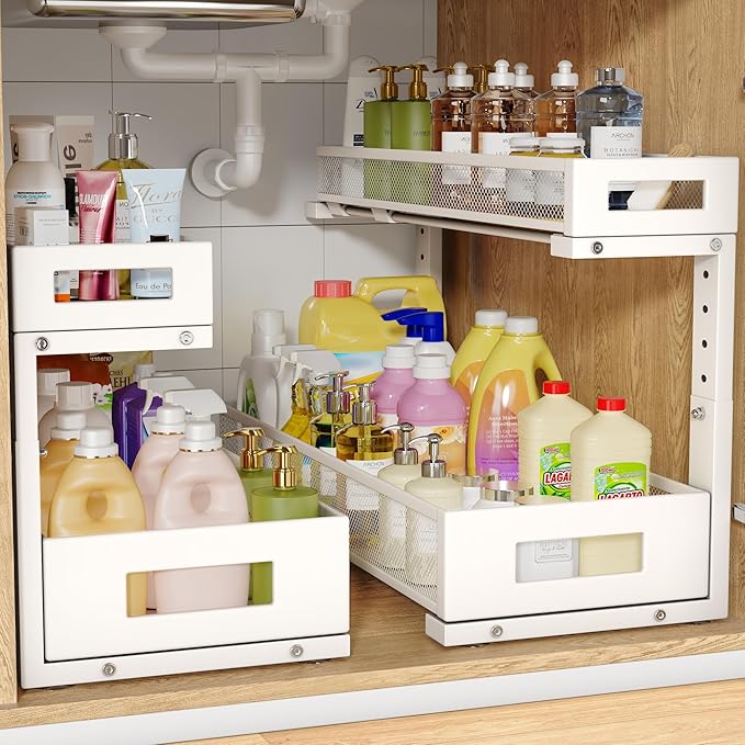 2 Pack 20.47IN Depth Under Sink Storage Organizer, Large 2-Tier Elegant Mesh Pull Out Shelf for Kitchen and Bathroom Cabinet Organization, L-Shaped and Adjustable Height Design-White-NeatNest