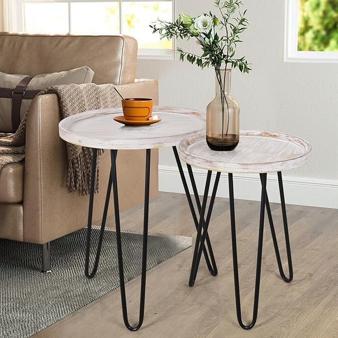 Oakrain Nesting Tables for Living Room, Round Nesting Coffee Table, Farmhouse End Tables Living Room, Bedroom, Small Coffee Table (Distressed White)