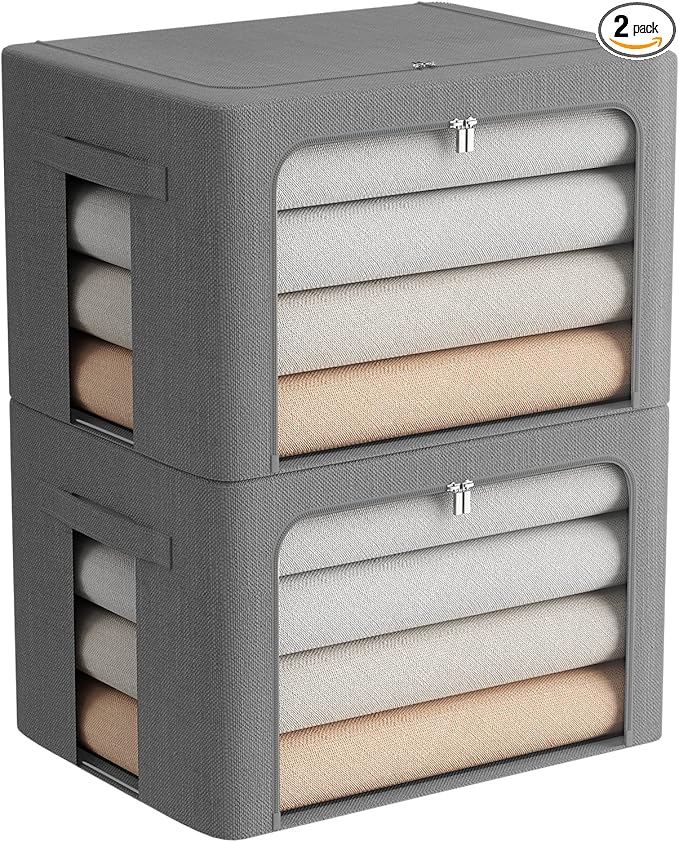 2 Pack Clear Window Storage Bins Stackable Linen Fabric Storage for Clothes Foldable Box Organizer Set with Carrying Handles-36L (Gray, 15.7x 11.8x 11.7 Inch)-NeatNest