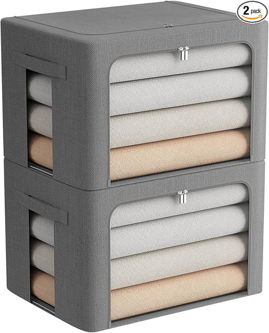2 Pack Clear Window Storage Bins Stackable Linen Fabric Storage for Clothes Foldable Box Organizer Set with Carrying Handles-36L (Gray, 15.7x 11.8x 11.7 Inch)-NeatNest