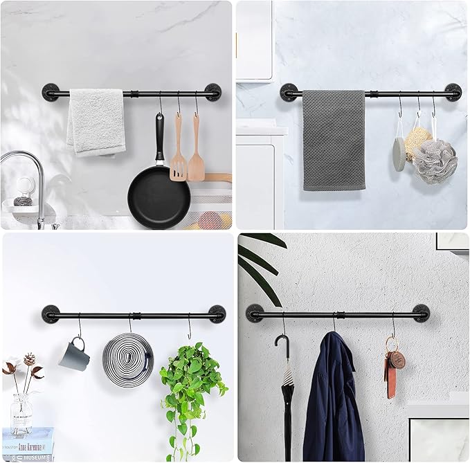 Industrial Pipe Towel Rack Towel Bar, Heavy Duty Wall Mounted Rustic Farmhouse Bath Towel Holder for Bathroom (Black, 32 inch)