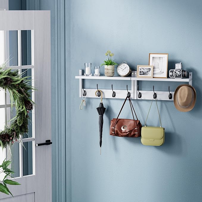 Coat Rack with Shelf Wall Mount, Entryway Bamboo Hanging Shelf, Set of 2, Wall Hook Rail for Hallway Décor, Storage Clothe, Hat, Robe, Key, Dog Leash (White+Black)-NeatNest