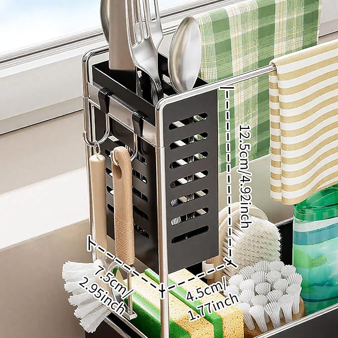 MOUKABAL Sponge Holder for Kitchen Sink, 2-Tier Sink Caddy Organizer with Drain Holes and Hooks, Holds Dishcloth, Sponge & Brushes, Kitchen Countertop Storage for New Home Essentials Black