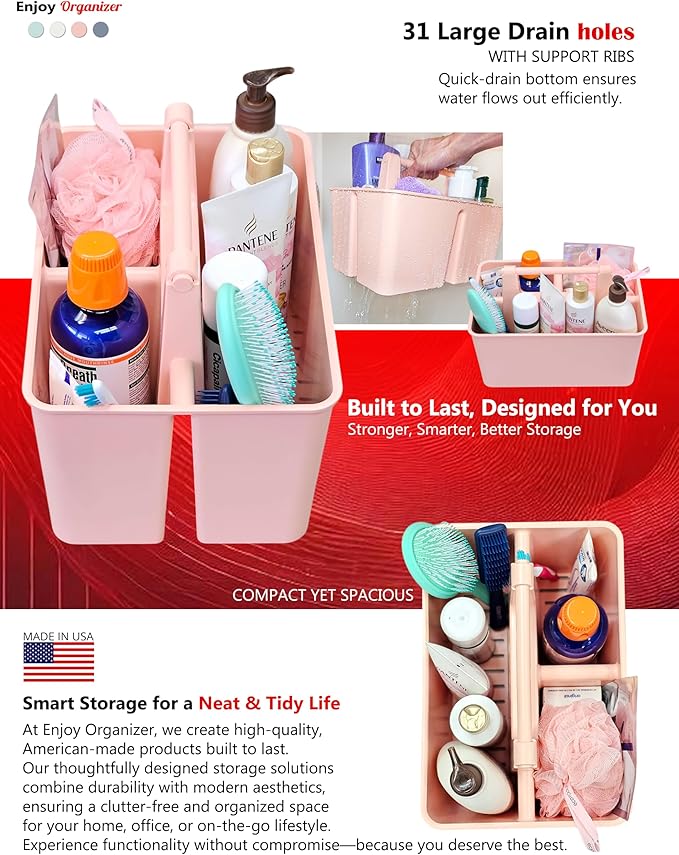 Shower Caddy Organizer with Handle, 3 Compartments, Portable Storage Bin for Bathroom, Dorm, Gym -Made In USA (Indie Pink)