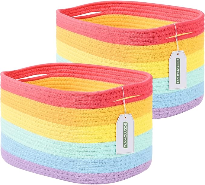 Cotton Rope Storage Basket, 15x10x9 Inches, Woven Basket for Shelves, Clothes, Toys, Towels, Books, and Laundry, Durable and Stylish, Rainbow (2 Pack)-NeatNest