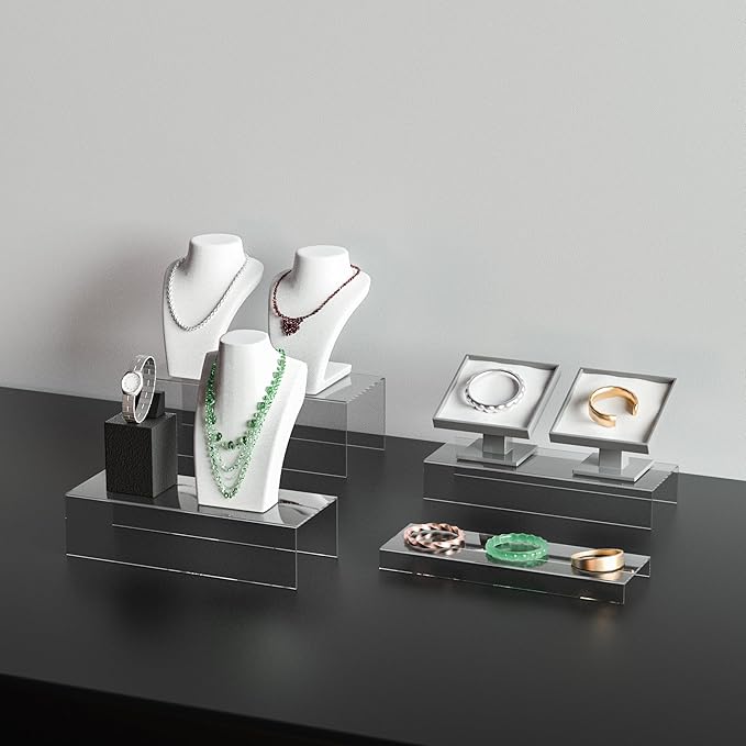 Clear Riser Display Shelf 3pcs, Desktop Rectangular Acrylic Display Shelves Storage Organizer, Acrylic Stands for Funko Pop Figure, Bags, Shoes, Spice Jars, Skincare, Cosmetics - 12-2'', 3'',-NeatNest