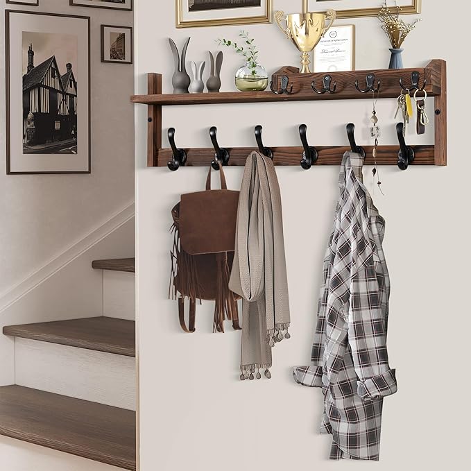 Coat Rack Wall Mount with Shelf, 27.5" Entryway Wall Hanging Shelf, Coat and Key Hanger with 10 Dual Hooks, Mail Organizer and Key Holder Hat Rack for Wall, Wood Coat Hooks with Storage-NeatNest