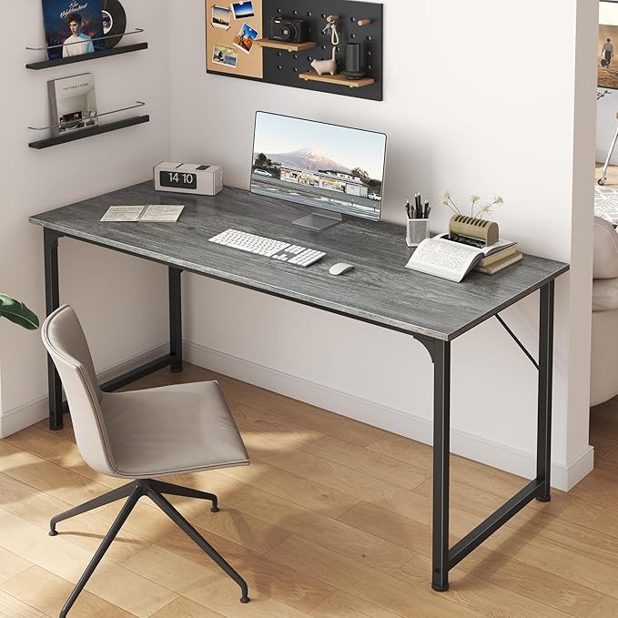 Huuger Computer Desk, 55 Inch Home Office Desk, Gaming Writing Work from Home Study Desk, Large Legroom, Sturdy Metal Frame, Modern Simple, Grey-NeatNest