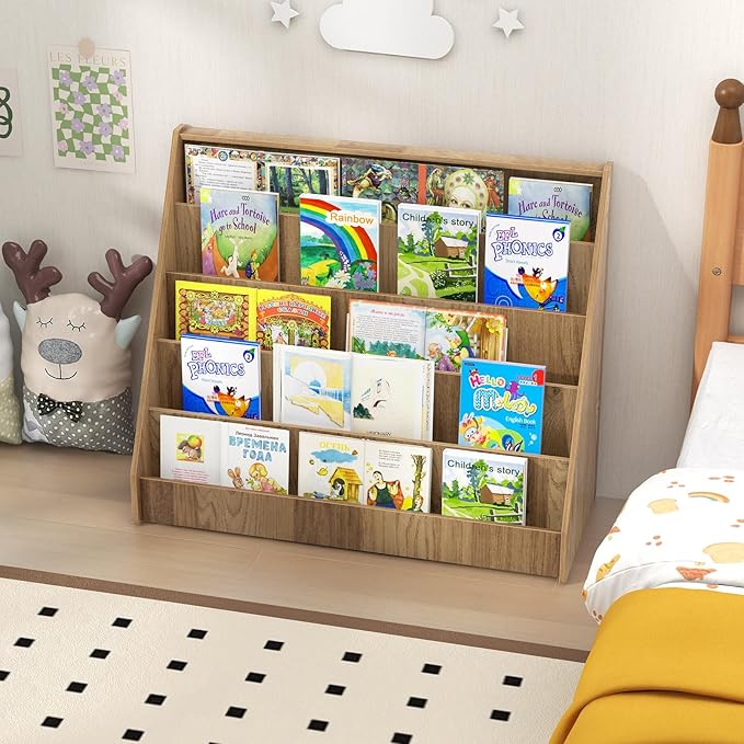 Costzon 5-Tier Kids Bookshelf, Wooden Children Bookcase, Toddler Book Rack, Magazine Storage & Display Shelf, Book Shelf for Kids Room, Living Room, Nursery, Classroom (Natural)-NeatNest
