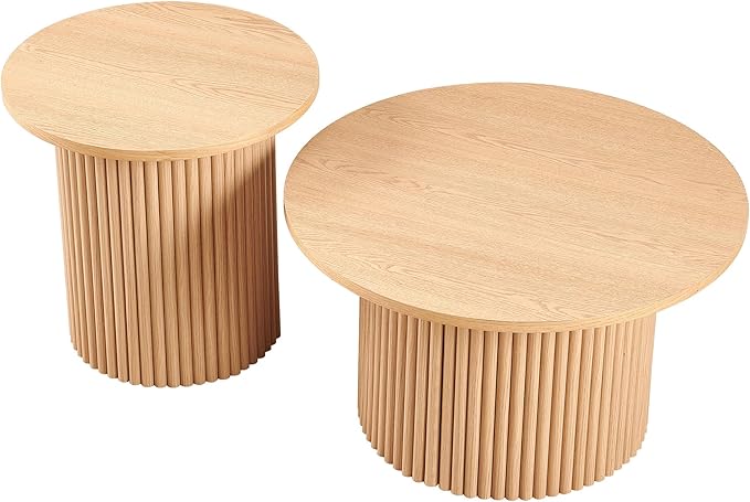 2-Piece Nesting Coffee Side Table Set of 2, Round Nightstand End Table with Fluted Wood Strip Base,Manufactured Wood Nesting Tabletop with Solid Oak Wood Veneer, Elegant Side Table