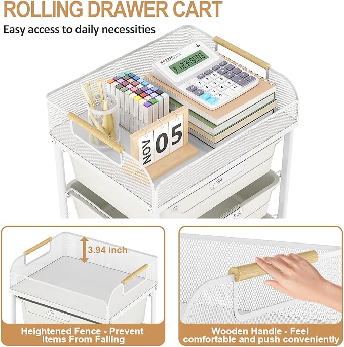 Rolling Utility Storage Cart with 4 Drawers - 4 Tiers Rolling Cart Craft Cart, Storage Drawer Cart Organizer for Craft Room Office Bedroom Classroom with Mesh Top & 4 PCS DIY Lable, White