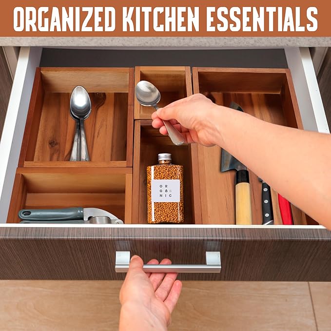 Demigo Acacia Drawer Organizer Set of 5, Cabinet Container Box, Wood Bin Set in Varied Sizes, Dividers Holder for Storage Cooking Utensils Spices Tea Bags Foods Office Items (Brown)-NeatNest
