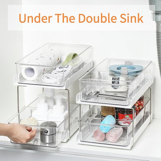 vacane 13" Clear Pull-Out Organizer with Adjustable Dividers - 2-Tier Bathroom & Kitchen Storage Bins for Vanity, Under Sink Cabinets, Pantry