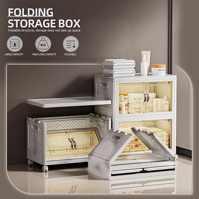 132 QT / 33 Gal White Storage Bins with 1 Lid - Collapsible Stackable Cabinet Organizer w/Wheels & Magnetic Doors, Plastic Storage Box for Office Closet Organization-NeatNest