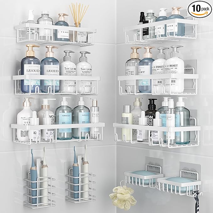 10 Pack Shower Caddy Organizer Rack Shelf for Inside Shower, Self Adhesive Wall Storage Basket Rustproof Stainless Steel Shampoo Holder Bathroom Accessory Decor Set, White-NeatNest