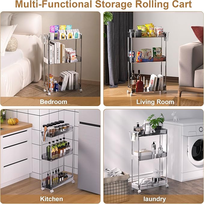 VECELO 3-Tier Acrylic Rolling Cart, Utility Cart for Kitchen Storage, Mobile Shelves Slide-Out Organizers with 2 Lockable Wheels&Hooks for Bathroom Laundry Room Living Room Office, Clear