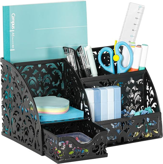 EasyPAG Desk Organizer with Sliding Drawer - 6 Compartments Metal Desktop Caddy, Decorative Elegant Hollow Flower Design, Anti-Scratch Pads for Home, Office, School, Black-NeatNest