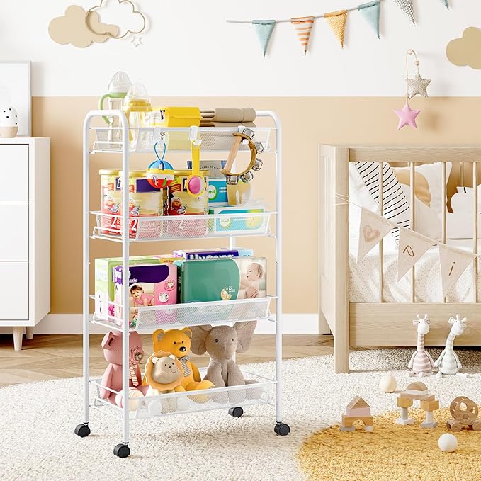 4-Tier Metal Utility Cart, Mesh Wire Rolling Cart on Wheel, Storage Trolley with Easy Assembly, Organizer Craft Cart 3 Hooks, Mobile Shelving Unit for Bathroom, Laundry Room, Home