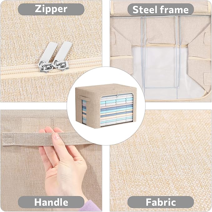 2 Pack Clear Window Storage Bins Large Foldable Fabric Storage Bins Boxes for Clothes Stackable Box Organizer Set with Carrying Handles (Beige, 19.7x 15.7x 12.5 Inch)-NeatNest