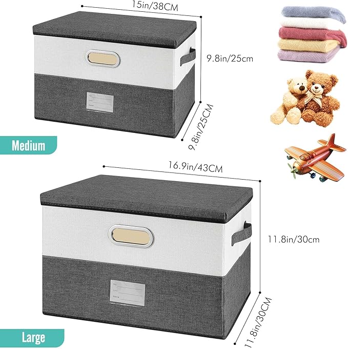 Large Linen Fabric Foldable Storage Bins with Removable Lid and Handles, Washable Storage Box Organizer Containers Baskets Cube with Cover for Bedroom,Office (Turquoise&Cream, Large(2-Pack))-NeatNest