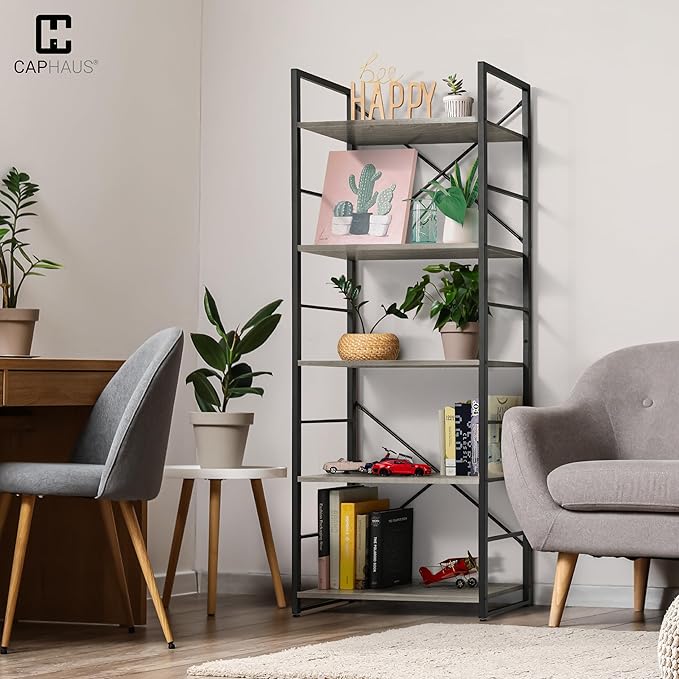 CAPHAUS 5 Tier Bookshelf, 24 Inch Width Free Standing Shelf, Bookcase Shelf Storage Organizer, Industrial Book Shelves for Home Office, Living Room, Kitchen, Dark Grey-NeatNest
